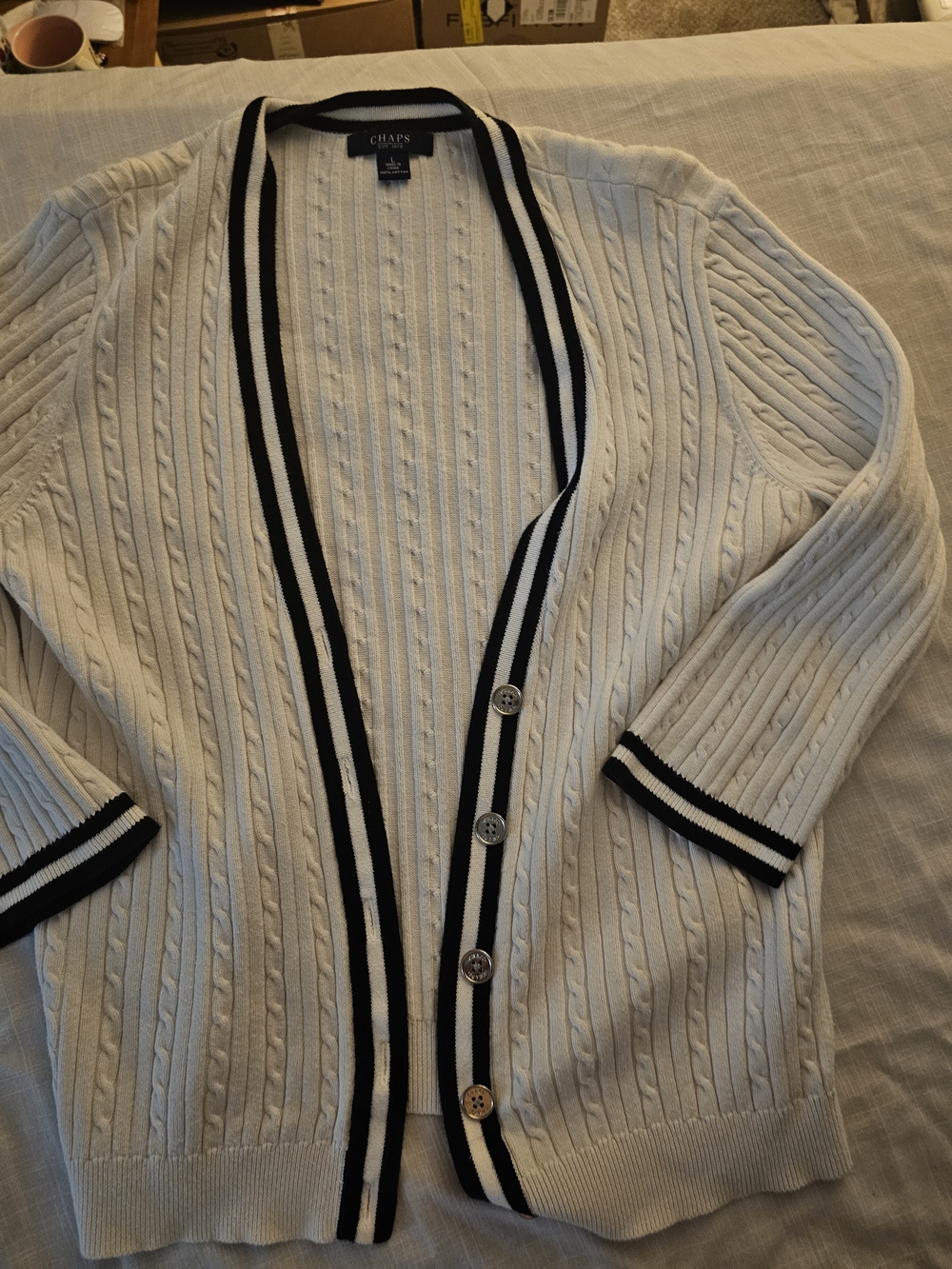 Chaps Cream Cable Knit Cardigan with Black Trim